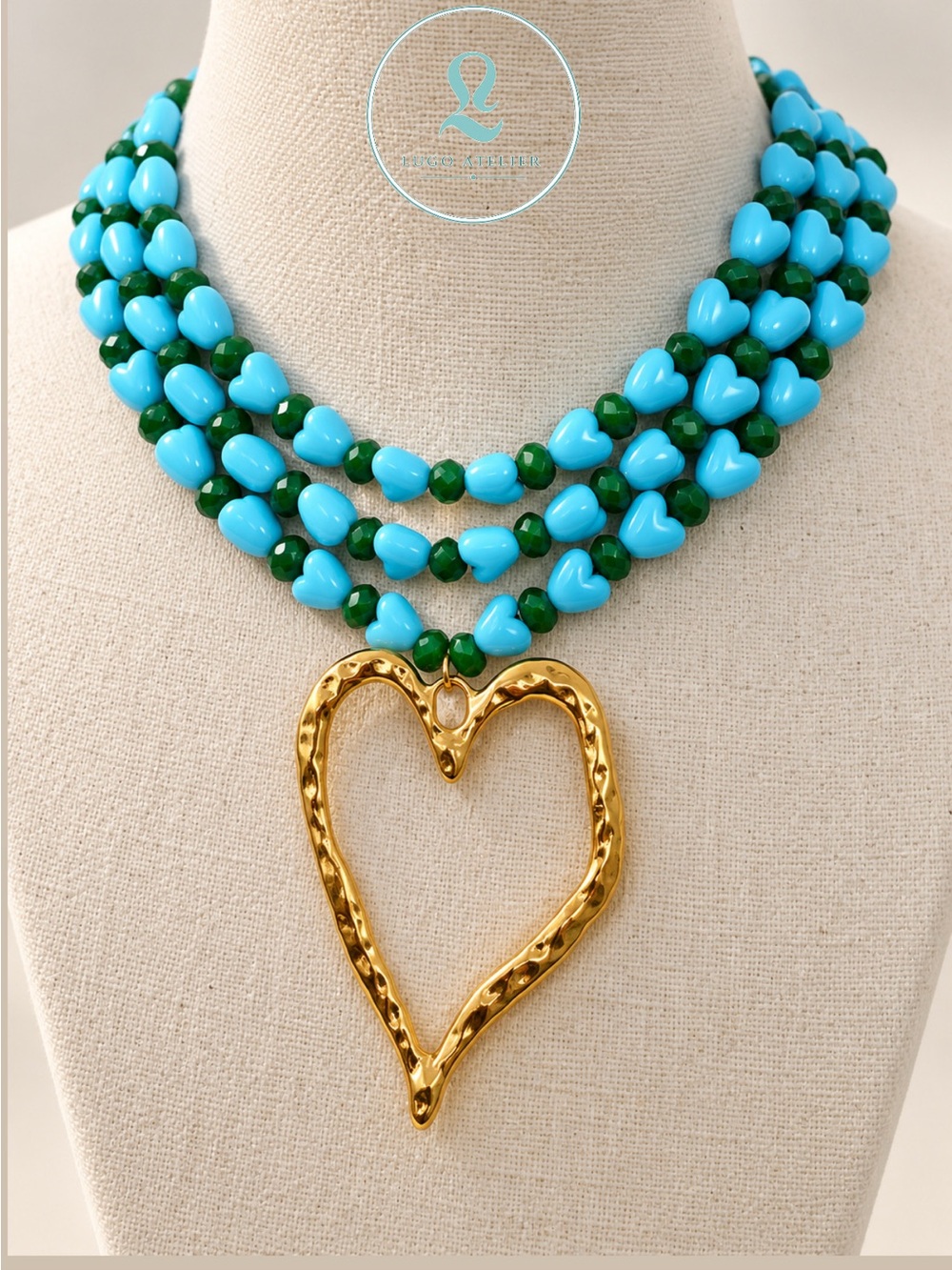 Turquoise and Emerald Beaded Necklace with Gold Heart Pendant